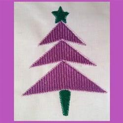 Whimsical Christmas tree with stacked purple triangles and a green star, set against a festive white background.