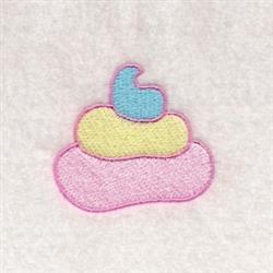 Playful stack of colorful poop-shaped figures in blue, yellow, and pink, outlined against a light background.
