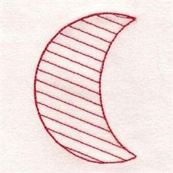 Applique crescent moon with bold red stitches and a striped pattern, set on a white background.