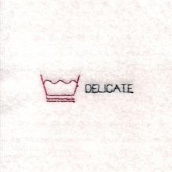 Crown icon outlined in red with sleek black text 'DELICATE' on soft white fabric, minimalist design.