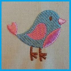 Cute bird design with a blue body, pink wings and beak, and brown legs, perfect for embroidery.