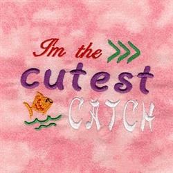 Playful design featuring 'I'm the cutest catch' text in vibrant colors on a pink background, with a fish graphic.