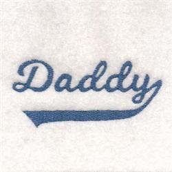 Casual script text 'Daddy' in deep blue thread, ideal for Father's Day gifts on light fabric.