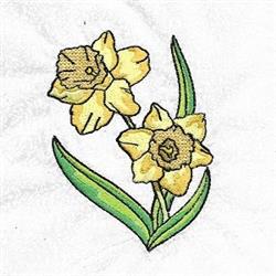 Realistic floral design featuring daffodil spring blossoms with vibrant yellow petals and green leaves on a white background.