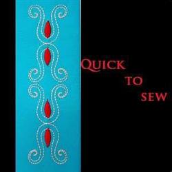 Decorative border design with playful turquoise background, red accents, and intricate white stitching. Perfect for quilting.