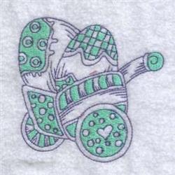 Playful decorative carriage design with bold green patterns and a heart-shaped wheel, perfect for Easter.