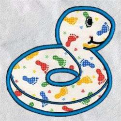 Playful floatation ring shaped like a duck with a cheerful face and colorful footprints, perfect for summer fun.