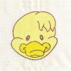 Cute yellow duck head with brown outlines, playful expression and simple features, perfect for kids' items.