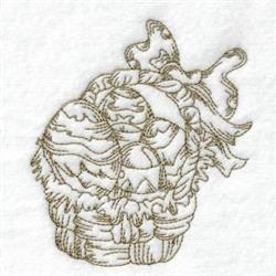 Easter basket filled with decorated eggs and a playful ribbon, highlighted in detailed line art style.