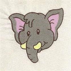 Cheerful cartoon gray elephant head with pink ears and a smiling face, perfect for children’s decor.
