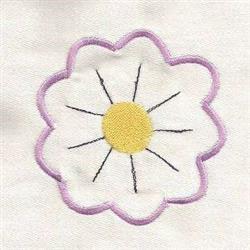Flower with a bright yellow center, soft purple outline, and white petals. Playful spring design.