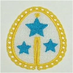 FSL decorative egg with a cheerful yellow border, blue stars, and a white background, perfect for Easter.
