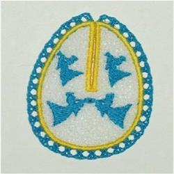 FSL decorative egg with playful blue figures and vibrant yellow accents, perfect for Easter celebrations.