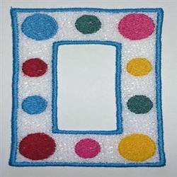FSL decorative frame with a blue outline and colorful circles in red, pink, yellow, and teal, featuring an empty center.