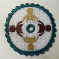 FSL circular embroidery design with a scalloped edge, featuring teal, brown, and gold geometric patterns.