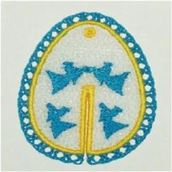 FSL ornamental egg design features vibrant blue and yellow colors, detailed blue birds, and a lace edge, perfect for Easter.