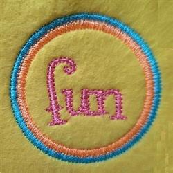 Playful text 'fun' in vibrant pink within a circular design, bordered by orange and blue on a warm yellow backdrop.