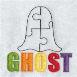 Playful ghost silhouette with a puzzle piece pattern and colorful 'GHOST' lettering, perfect for Halloween decor.