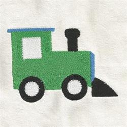 Playful green train with a blue window and black smokestack, featuring round white wheels in a cartoon style.