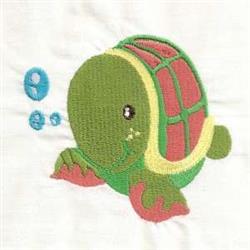 Playful turtle with vibrant green body and red shell pattern, surrounded by cheerful blue bubbles.