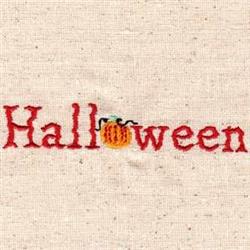 Festive word 'Halloween' in bold red font with playful orange pumpkin on light beige fabric.