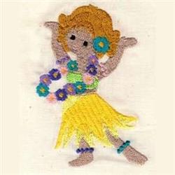 Joyful hula dancer with blonde hair in a yellow skirt and flower lei, surrounded by colorful blooms, summer theme.