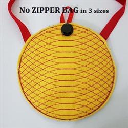 ITH round pouch with a vibrant yellow base, featuring a diamond-woven design and red straps.