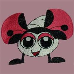 Cheerful cartoon ladybug with large eyes and a smile, featuring bold pink wings and a black and white body, perfect for child
