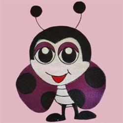 Cheerful ladybug with oversized eyes and polka-dotted wings in purple on a pink background. Playful design.