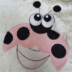 Cheerful ladybug in playful cartoon style, featuring a pink body with black spots and big eyes.