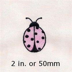Cute ladybug with a pink body and shiny black spots, perfect for whimsical embroidery projects.