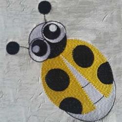 Playful ladybug with a bright yellow body, black spots, and large eyes, set on a textured gray background.