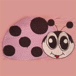 Playful cartoon ladybug with a pink body, large black spots, and whimsical facial features, perfect for kids.