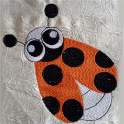 Playful ladybug with a vibrant orange body and large black spots, featuring expressive eyes, ideal for applique projects.