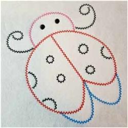 Whimsical ladybug design with red and blue outlines, black spots, and curly antennae on a bright white background.