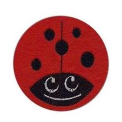 Cheerful ladybug with black spots and a big smile on a red circular background, perfect for playful embroidery.
