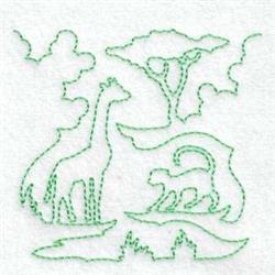 beginner-friendly tree redwork machine embroidery pattern - Monkey & Giraffe Block for kitchen tea towels