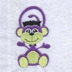 Cheerful monkey in playful cartoon style with purple body, green belly, and exaggerated black tuft of hair.