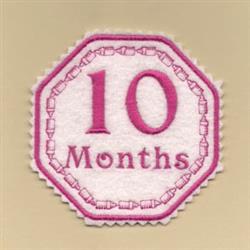 Playful number patch featuring bold pink '10' with 'Months' below, all framed by a decorative border.