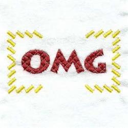 Bold 'OMG' text in vibrant red, accented with playful yellow stitches on a soft white background.