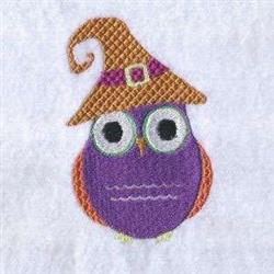 Playful owl with a vibrant purple body, big contrasting eyes, and a colorful witch hat for Halloween.
