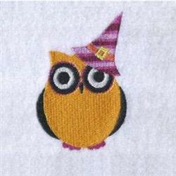 Playful owl in vibrant yellow with big eyes, wearing a striped purple hat, perfect for Halloween decor.
