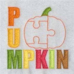 Colorful applique pumpkin design with 'PUMPKIN' in vibrant hues, set against a light background for autumn charm.