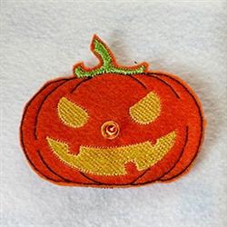 Playful orange pumpkin with yellow eyes and a jagged smile, topped with a green stem for Halloween.