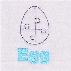 Puzzle egg outline in light blue with bold 'Egg' text below; minimalistic and playful design for Easter.