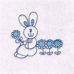 Cartoon rabbit holding a flower, smiling beside three blue blooms, creating a cheerful spring scene.