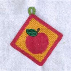 Colorful red apple with a green leaf on a sunny yellow background, perfect for playful kitchen embroidery.