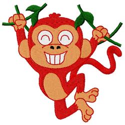 Cheerful red monkey with a big smile, clinging to green branches, showcasing playful cartoon style.