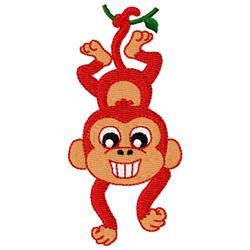 Cheerful cartoon red monkey hanging upside down from green leaves with a big smile, perfect for playful designs.