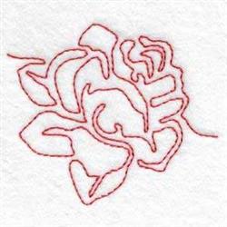 Redwork abstract rose design with delicate curves, created using continuous red thread on a light background.